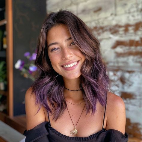 Purple With Dark Brown Hair, Dark Brown Hair With Tint Of Purple, Pastel Purple Highlights Brown Hair, Purple Balayage Light Brown Hair, Chocolate Hair With Purple Highlights, Purple In Brunette Hair, Dark Brown Hair With Pops Of Color, Dyed Hair On Brown Hair, Tip Highlights Brown Hair