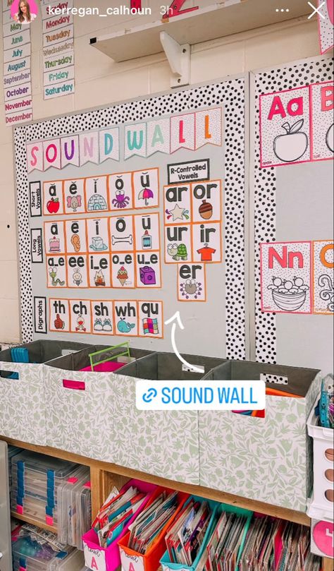 Small Group Elementary, First Grade Classroom Layout Ideas, Gallery Wall In Classroom, Teaching Kindergarten Classroom, Classroom Wall Shelves, Classroom Station Ideas, Amazing Work Wall Classroom, Kindergarten Teacher Classroom Ideas, 1st Grade Classroom Posters