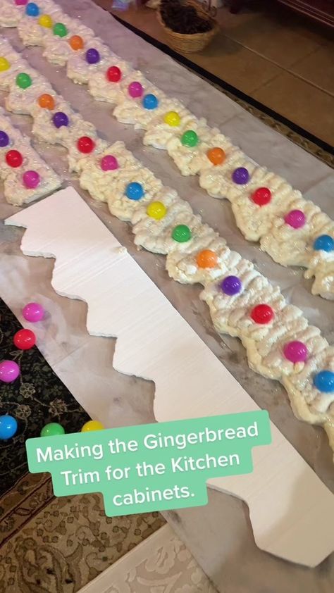 DIY Gingerbread trim for the kitchen cabinets! #christmas #DIY#gingerb... | TikTok Gingerbread House Christmas Decorations Diy, Candyland Door Decorations Christmas, Ginger Bread Float Ideas, Diy Gingerbread Kitchen Decorations, Turn Home Into Gingerbread House, Gingerbread Theme Parade Float, Gingerbread House Archway, Diy Christmas Decorations Candyland, Ginger Bread Diy Decor