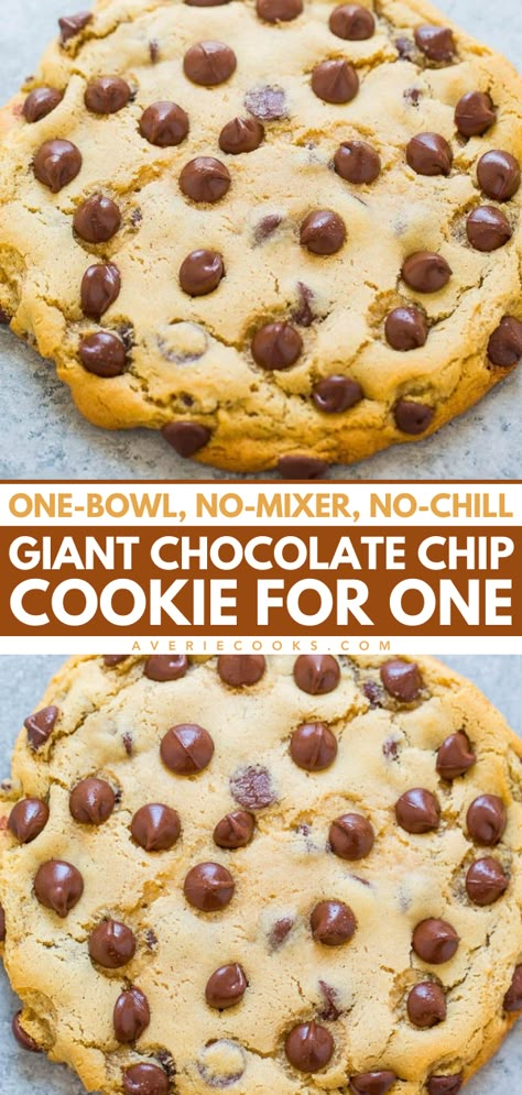 An extra large cookie for your next sweet food craving! In just minutes, you can have a giant chocolate chip cookie for one that's soft and chewy. Save this single serving chocolate chip cookie recipe for an easy dessert to make at home in one bowl with no mixer and no chilling! Deep Dish Cookie For One, Quick Desserts With Chocolate Chips, Giant Cookie Recipe For One, One Giant Cookie, Cookie For One Microwave, One Large Cookie Recipe, Easy Desserts Single Serve, Single Serving Cookie Dough Recipe, Single Cookie Dough Recipe