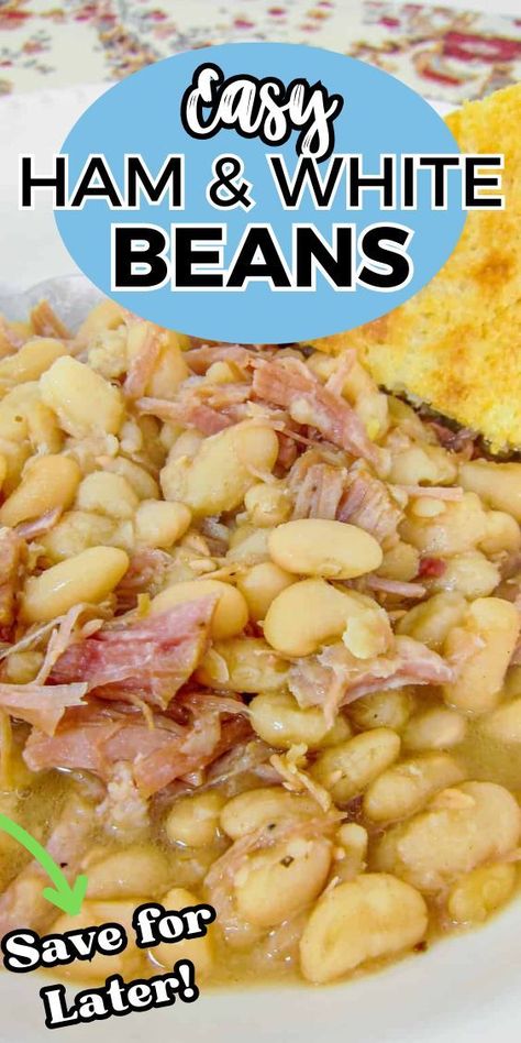 Slow Cooker Ham & White Beans – our favorite way to use our leftover holiday ham! Only 3 ingredients – ham, onion, and dried great northern beans. Cover with water and cook. Serve with some homemade cornbread. Comfort food at its best! #southern #crockpot #leftoverham #slowcooker #hambone This is the last recipe from our Christmas ham. I always look forward to finishing off the ham with a nice big bowl of white beans and a slice of cornbread. This recipe is super simple. It uses a pound of dried beans and simmers all day in the crockpot with a big Easy Ham And Bean Soup Using Canned Beans, Ham And White Beans Crock Pot, White Bean And Ham Hock Soup Crock Pot, Lima Beans And Ham Soup, Ham Beans And Cornbread, Homemade Bean Soup Ham Bone, Ham And Lima Beans, Ham N Beans Crockpot, White Beans And Ham Stovetop