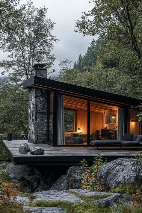 40 Mind-Blowing Mid Century Modern Cabins Mountain Cabins Modern, Mid Century Cabin Exterior, Modern Stone Cabin, Vintage Modern Cabin, Offgrid Home Cabin, Mountain Home Landscaping Ideas, Mid Century Mountain Home, Small House In Mountains, Wood Stone House