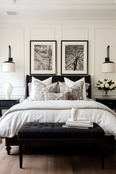 100+ Classic Black and White Bedroom Ideas Black Four Poster Bedroom Ideas, Black Bedframe Bedroom Ideas Cozy, Black Gray And White Bedrooms, Black And Ivory Bedroom, White Bedroom Black Furniture, Bedroom Black Headboard, 2023 Bedrooms, Black And White Bedroom Ideas Luxury, White Attic Bedroom