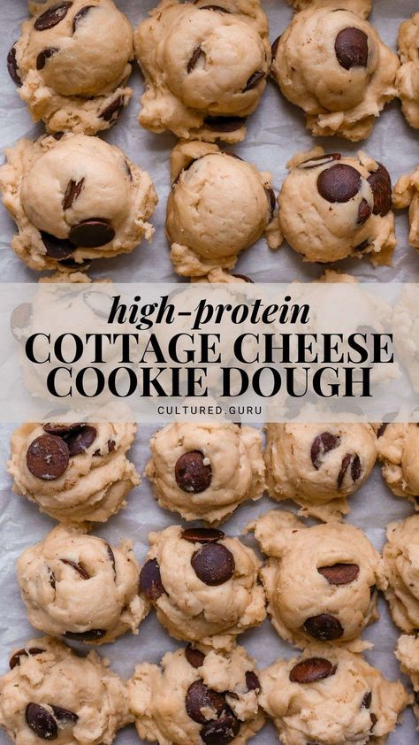 Cottage cheese protein cookie dough is the high-protein sweet snack you've been looking for! These cottage cheese cookie dough bites are safe to eat raw and taste just like the cookie dough pieces in ice cream. #cottage #cheese #cookie #dough Keto Protein Cookie Dough, High Protein Breakfast Bariatric, Yummy Healthy Treats, Protein Snacks With Cottage Cheese, High Protein Snacks For Diabetics, While Food Snacks, High Protein Cottage Cheese Chocolate Chip Cookies, Cookie Dough Cottage Cheese Ice Cream, High Protein Cottage Cheese Cookie Dough