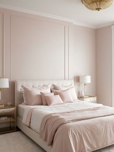 Light Pink Accent Wall, Light Pink Girls Bedroom, Sophisticated Girls Room, Pale Pink Bedrooms, Pink Teen Bedrooms, Pink Accent Wall, Light Pink Bedrooms, Dusty Pink Bedroom, White Platform Bed