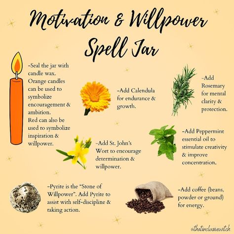 That Inclusive Witch | Maddy ☾ on Instagram: “Motivation & Willpower Spell Jar!💛🌞✨ . This is an excellent spell jar if you have been feeling mentally drained lately. This spell jar…” Healing Spell Jars Recipes, Do What Feels Right, Witches Jar, Mentally Drained, Witchcraft Spells For Beginners, Spells For Beginners, Jar Spells, Green Witchcraft, Wiccan Magic