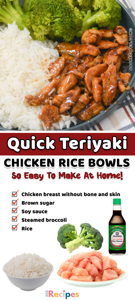 This simple and tasty 20-minute recipe of delicious rice plated with some broccoli and tender chicken full of garlicky goodness, made into these perfect Teriyaki Chicken Rice Bowls. With components you can easily find at home, put a twist on your dinner with an Asian touch. Rice Bowls Chicken, Quick Teriyaki Chicken, Teriyaki Chicken Bowl Recipe, Riced Broccoli Recipes, Teriyaki Chicken Rice, Rice Bowls Healthy, Teriyaki Chicken Rice Bowl, Teriyaki Rice, Teriyaki Chicken Bowl