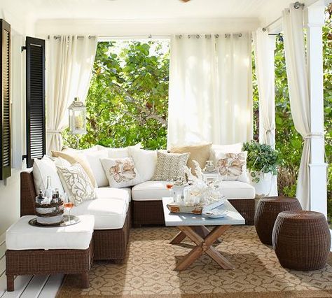 Exterior Porch Curtains, Casa Country, Outdoor Curtains, White Furniture, Outdoor Rooms, Design Case, Outdoor Sectional Sofa, Rustic Furniture, Patio Design