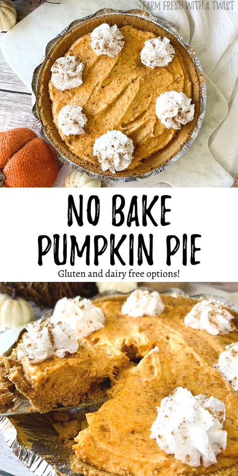 Dairy free no bake pumpkin pie topped with whipped cream and pumpkin pie spice. No Back Pumpkin Pie, Easy Dairy Free Pumpkin Pie, Easy Dairy Free Thanksgiving Desserts, Vegan Pumpkin Pie Graham Cracker Crust, Easy Healthy Pumpkin Pie, Dairy Free No Bake Pie, Pumpkin Dairy Free Desserts, Vegan Pie With Graham Cracker Crust, Dairy Free Crustless Pumpkin Pie