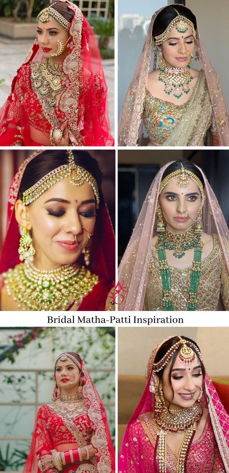 Matha Patti is an integral part of the Bridal look. It is an elaborated version of a maang tikka, worn along the forehead. Although it is a piece of traditional jewellery, it has become a style statement now. From the gorgeous oversized ones, multi-layered to the lightweight ones, it is quite a task to pick one. Here’s our curated list of trendy Matha-Patti designs which will steal the hearts of soon-to-be-brides. #mathapatti #indianbrides #bridetobe #weddingsonly #indianwedding #wedding #makeup Mata Patti Bridal, Mathapatti Brides Hairstyle, Bridal Tikka Indian, Brides With Mathapatti, Indian Bride Hairstyle With Matha Patti, Bridal Hairstyles With Matha Patti, Matha Patti With Open Hair, Indian Bride Headpiece, Bride With Matha Patti