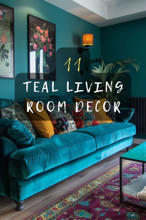 Love teal? Discover 11 stunning living room decor ideas that incorporate teal beautifully. Click to get inspired! 🛋️✨ #HomeDecor #LivingRoom #TealDecor #InteriorDesign #StyleInspo Cognac And Teal Living Room, Living Room Petrol Blue, Coloured Sofa Ideas, Teal Modern Living Room, Beautiful Living Room Colors, Turquoise Furniture Living Room, Red Turquoise Living Room, Moody Living Room Teal Couch, Living Room Colorful Couch