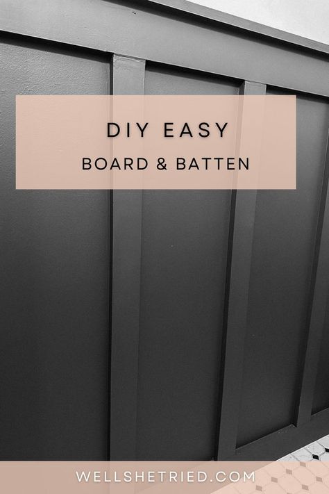 How To Make A Board And Batten Wall, How To Do A Board And Batten Wall, How To Make Board And Batten Walls, Board And Batten On Textured Wall Diy, Installing Board And Batten Wall, How To Board And Batten, Board And Batten Wall With Wood Shelf, Black Accent Bathroom Wall, Baton Walls Board And Batten