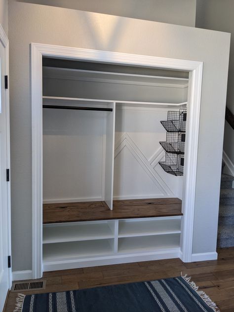 Entry Closet Makeover, Front Hall Closet, Mudroom Bench With Storage, Mudroom Bench Ideas, Mudroom Closet, Front Closet, Entry Closet, Entryway Closet, Hallway Closet