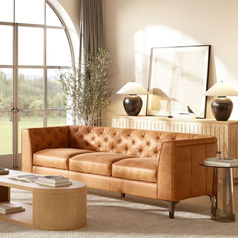 15 Tufted Sofas for a Timeless and Elegant Look | 10 Stunning Homes Brown Sofas, House Minimalist, Mid Century Modern Sectional, Hat Tip, Leather Sofa Living Room, Poly & Bark, Leather Bed, Tufted Sofa, Leather Couch