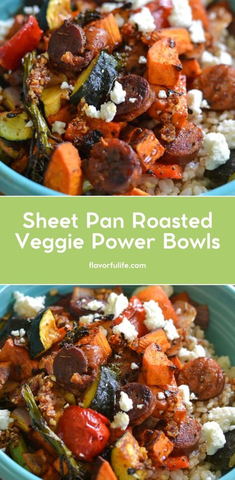 Enjoy sheet pan roasted vegetables and chicken sausage for the best week night dinner. This healthy recipe for a roasted veggie power bowl topped with feta cheese for extra flavor. Fall Vegetable Sheet Pan Recipes, Fall Sheet Pan Veggies, Roasted Vegetables With Feta, Fall Sheet Pan Meals, Vegetable Sheet Pan Recipes, Veggie Power Bowls, Roasted Vegetables And Chicken, Sheet Pan Roasted Vegetables, Pan Roasted Vegetables