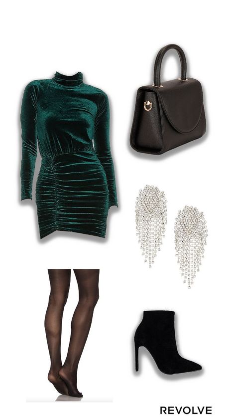 Green Velvet Dress Outfit, Cute Christmas Dresses, Christmas Dress Ideas, Pretty Christmas Dresses, Dress With Black Boots, Velvet Green Dress, Velvet Dresses Outfit, Dress With Ankle Boots, Black Velvet Boots