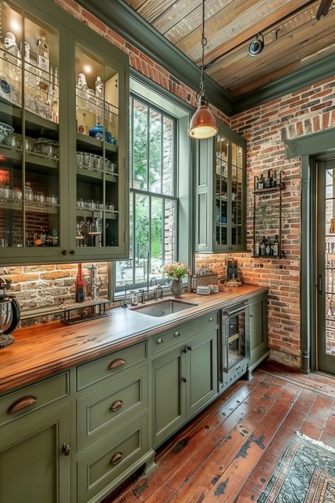 Green Color Cabinets, Hunters Green Kitchen, Brick Kitchen White Cabinets, Cozy Green Kitchen Aesthetic, Farm Interior Design Ideas, Green Kitchen Cabinets Cabin, Green Stained Wood Cabinets, Brick And Green Kitchen, Green And Wood Tone Kitchen