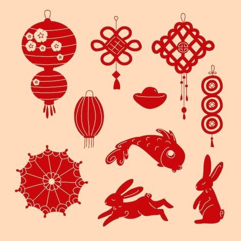 Flat ornaments collection for chinese ne... | Free Vector #Freepik #freevector #rabbit-new-year #chinese-new-year-rabbit #chinese-new-year-2023 #chinese-rabbit Chinese Rabbit, Cny 2025, Flat Ornaments, Boring Nails, Chinese New Year Celebration, Chinese Ornament, M Tattoos, Graphic Inspiration, New Year Celebration