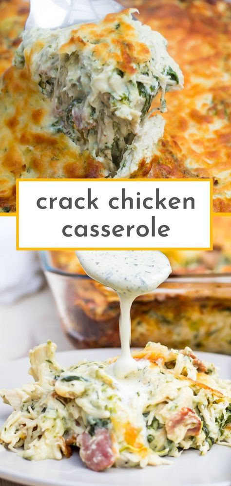 Prepare to be blown away by the incredible flavors of this Crack Chicken Casserole! Loaded with tender chicken, creamy cheese, crispy bacon, zesty ranch, and nutritious spinach, this keto-friendly recipe is a winner for any meal. Bid farewell to heavy pasta and cream of chicken soup, as this dish is free from those high-carb ingredients and is perfect for those following a gluten-free lifestyle. Spinach Chicken Casserole Cream Cheese, Keto Creamy Chicken Casserole, Chicken Spinach Cream Cheese Recipes, Chicken With Spinach Recipes, Chicken Spinach Pasta Bake, Cheese Casserole Recipes, Chicken And Spinach Casserole, Spinach Casserole Recipes, Spinach Pasta Bake