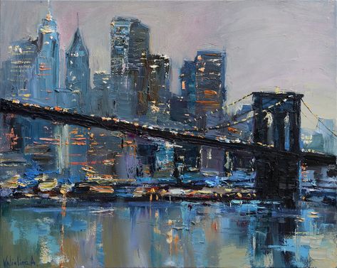 Landscape Oil Paintings Mountain, Urban Landscape Painting, Landscape Oil Paintings Trees, Oil Painting Trees, New York Landscape, New York Painting, Bridge Painting, Skyline Painting, Oil Painting Nature