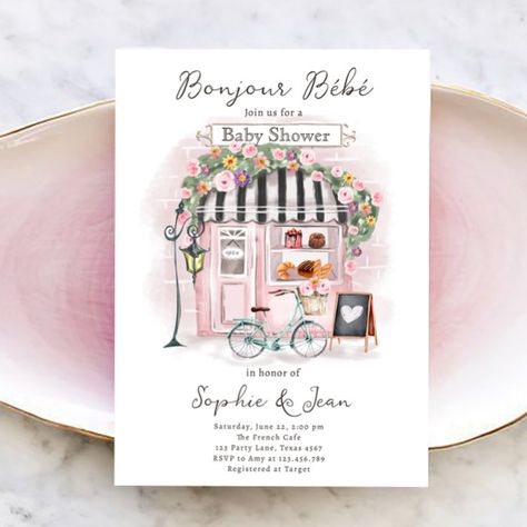 Bonjour Bebe Paris Parisian French Baby Shower Inv Invitation - Baby Shower Invitations Parisian Baby Showers, Watercolor Paris, French Baby Shower, Cafe Theme, Paris Baby Shower, Paris Tea, Bebe Shower, French Baby, Baby Shower Tea