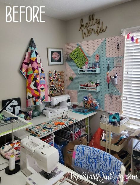 Quilting Rooms Studios, Sewing Room Elfa, Quilting Room Decor, Tiny Sewing Room Ideas, Quilt Room Ideas Sewing Spaces, Loft Sewing Room Ideas, Bedroom Sewing Space, Sewing Room Wall Colors, Quilt Room Organization Organizing Ideas