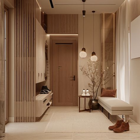 This Japandi style home encapsulates a harmonious blend of contemporary minimalism and natural warmth, embracing the Japandi aesthetic which fuses Scandinavian functionality with Japanese rustic minimalism. The design use a soft, neutral palette of beiges, browns, and grays that evoke a sense of calm and elegance, complemented by the use of natural wood textures that add warmth and depth. Strategic lighting, both natural and via sleek modern fixtures, highlights the clean lines and high-quali... Japandi Home Entrance, Japandi Mudroom Design, Muji Bedroom Design, Japandi Foyer, Japandi Interiors Moodboard, Japandi Entryway, Japanese Scandinavian Interior, Slat Panelling, Japandi Style Home