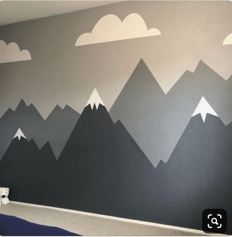 diy-tutorial-how-to-paint-a-mountain-murial-in your-kids-room-nursery-10 Shades Of Gray Paint, Kids Room Wall Paint, Diy Mountain Mural, Diy Kids Room, Diy Mountain, Boy Room Paint, Mountain Wall Mural, Mountain Mural, Kids Room Murals