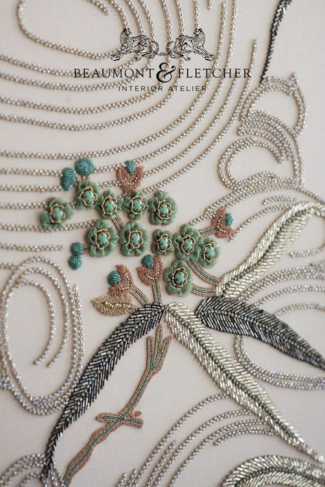 A close up of an Art Deco inspired hand embroidered fabric with exquisite metallic beadwork and appliqued flowers Art Deco Beading, Art Deco Interiors, Deco Interiors, Couture Fabric, Zardosi Embroidery, Embroidery Stitches Beginner, Embroidery Fashion Detail, Hand Work Design, Floral Embroidery Patterns