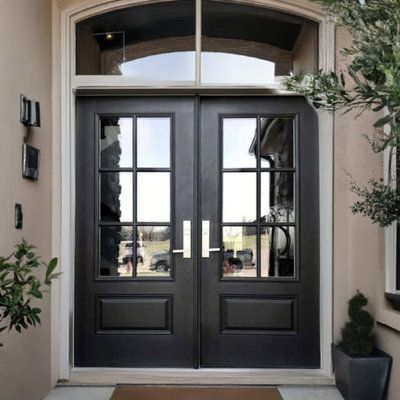 Black Front Entry Doors, Alicante, Double Front Entry Doors Mediterranean, Half Glass Double Front Door, Double Door Porch Ideas, Black Outdoor Door, Black Double Door Entryway, Front Doors For Barndominium, Two Door Front Door