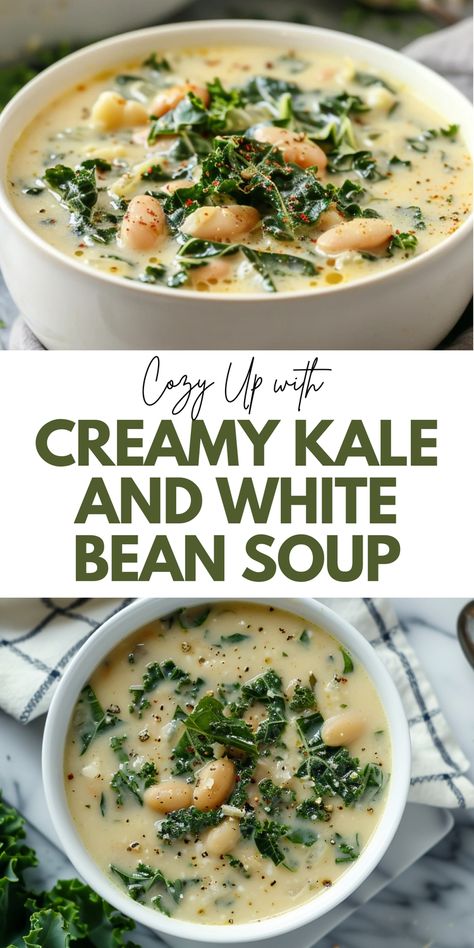 Make the perfect creamy kale and white bean soup with this easy recipe. Ideal for your soup recipes collection, this dish is healthy, comforting, and full of flavor. Save this pin and click for the complete recipe and detailed instructions. Enjoy a delicious and warm bowl of soup that's perfect for any occasion. White Beans And Kale Soup, Vegan Bisque Soup Recipes, Creamy White Bean Soup With Kale, Kale In Soup Recipes, Easy Kale Soup, Kale And Gnocchi Soup, Kale Bean Soup Recipes, White Bean Kale Soup Crockpot, White Bean Crockpot Soup