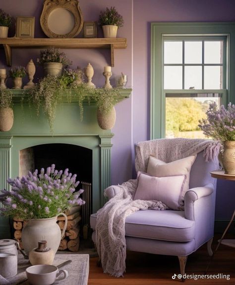 Lavender Living Room, Purple Cottage, Sustainable Living Room, Deco Pastel, Purple Living Room, Lash Room, Purple Rooms, Country Cottage Decor, Cottage Living Rooms