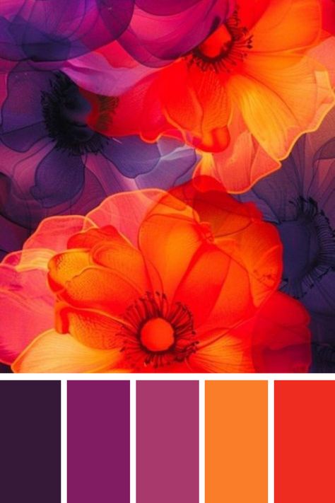 A rich orange and purple color palette defines this floral arrangement, where translucent orange petals blend seamlessly with deep purples, evoking a mesmerizing and bold visual impact. Complementary Colors To Orange, Oil Spill Color Palette, Colors That Go Good With Purple, Red Orange Purple Wedding, Rich Purple Color Palette, Orange Pink Purple Color Palette, Orange Yellow Purple Color Palette, Purple And Orange Colour Palette, Color Pallets Orange