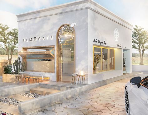 White Cafe,, Coffee and Ice Cream shop on Behance Drive Through Cafe Design, Cafe Ideas Interior, Toko Ice Cream, Drive Through Coffee Shop Design, White Cafe Design, Cafe Outside Design, Drive Thru Coffee Shop Design, White Cafe Interior, Ice Cream Shop Ideas Interiors