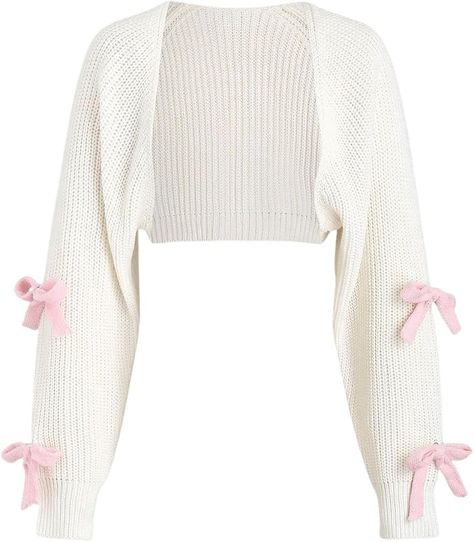 SHENHE Women's Open Front Ribbed Knit Bow Cute Cropped Cardigan Bolero Sweater Shrug White Long Sleeve Cardigan, White Cropped Cardigan, Bow Cardigan, White Shrug, Trendy Chic Outfits, Sweater Shrug, Knit Bow, Bolero Sweater, Knit Shrug