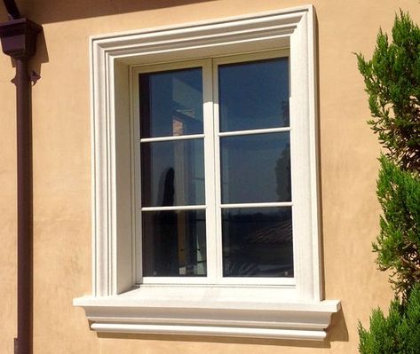 Foam molding Exterior Window Decoration, Outside Windows Ideas, Window Molding Trim Exterior, Stucco Window Trim, Window Border Design, Outdoor Window Trim, Exterior Window Molding, Exterior Window Trim Ideas, Window Trim Paint