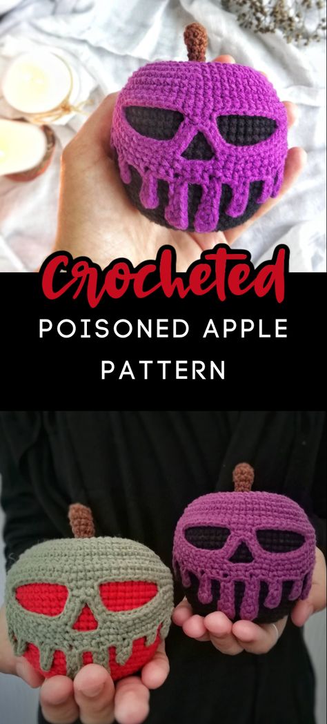 Apple Amigurumi, Poisoned Apple, Disney Crochet Patterns, Crochet Skull, Fall Crochet Patterns, Crochet Disney, Halloween Crochet Patterns, Crochet Design Pattern, Beginner Crochet Projects