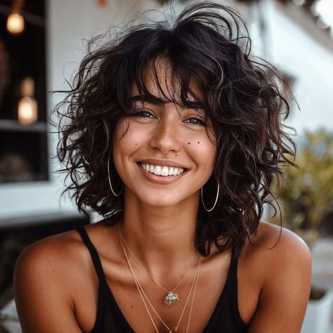 Mid Length Hair With Curtain Bangs Curly, Short Wavy Hair Fine, Perm Shag Hair, Sassy Curly Haircut, Modern Shag Curly Hair, Curly Bob Shag, Curly Bangs Medium Length, Curly Medium Length Hair With Bangs, Mid Length Curly Hair With Bangs