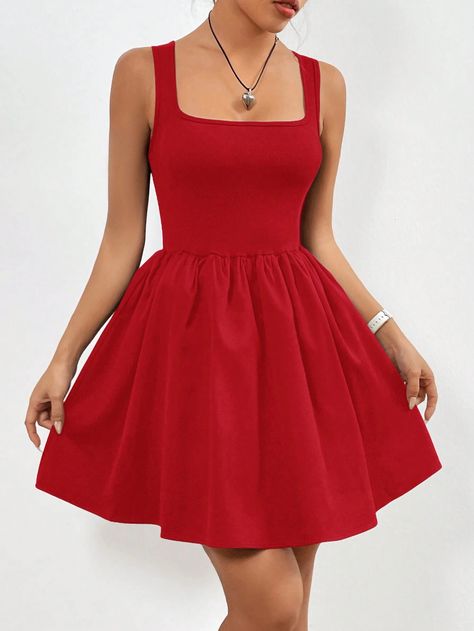 SHEIN EZwear Women Solid Color Simple Square Neck Spaghetti Strap Pleated DressI discovered amazing products on SHEIN.com, come check them out! Simple Red Dress Casual, Simple Red Dress, Cute Simple Dresses, Red Dance, Red Dress Casual, Dance Theme, Witchy Style, Cute Red Dresses, Cute Formal Dresses