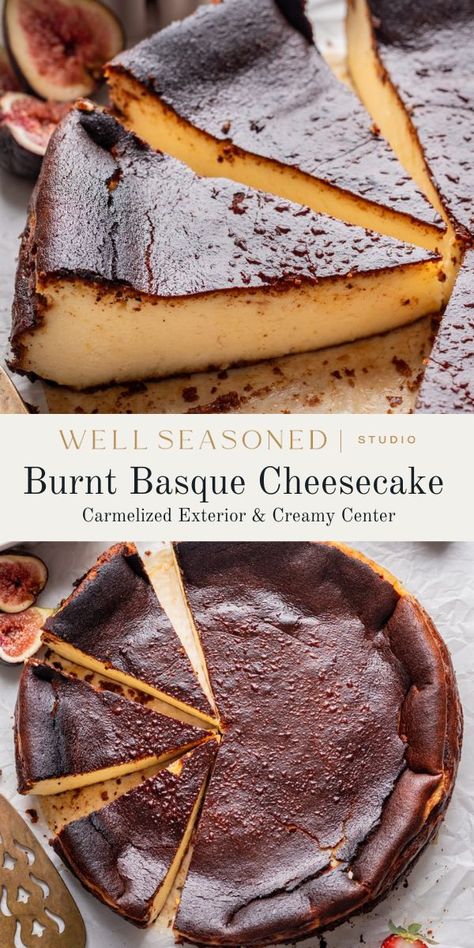 If you're unfamiliar with Burnt Basque Cheesecake, you're in for a treat! This crustless cheesecake recipe is rich and creamy with a custard-like texture and not overly sweet. It gets its distinctly burnt appearance from baking at a high temperature for an hour, which caramelizes the top while the center remains velvety smooth. Gluten-free adaptable. #wellseasonedstudio #basquecheesecake #cheesecake #burntbasquecheesecake Chocolate Brownie Basque Cheesecake, Bask Cheesecake Recipe, Crustless Cheesecake Recipes, Blender Cheesecake, Burnt Basque Cheesecake Recipe, Basque Burnt Cheesecake Recipe, Burnt Cheesecake Recipe, Basque Recipes, Basque Cheesecake Recipe