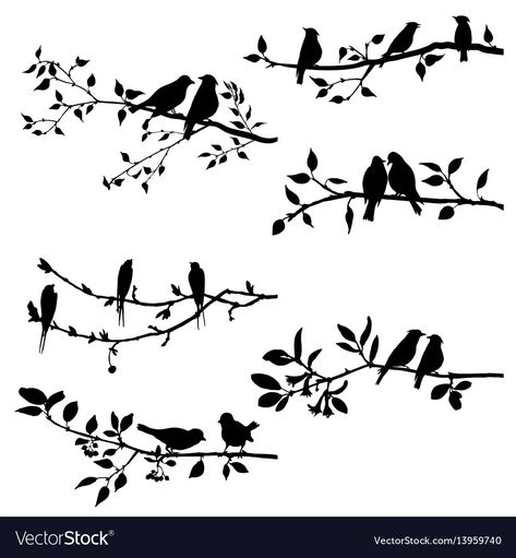 Set of birds at tree branches silhouettes vector image Vogel Silhouette, Branch Tattoo, Bird Stencil, White Plants, Desenho Tattoo, Bird Silhouette, Wood Burning Art, Bird On Branch, Bird Tree