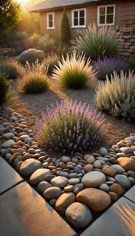 20+ Brilliant Xeriscape Gardening Ideas for a Stunning, Water-Wise Yard 35 Decorative Rock Landscaping Front Yard, Front Yard Landscaping Xeriscape, Around Front Porch Landscaping, Xeric Garden Design, Front Yard Landscaping With River Rocks, Xeriscape Zen Garden, Accent Shrubs Front Yards, Desert Theme Front Yard, Colorado Zeroscaping