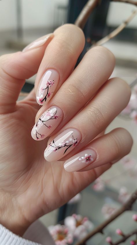 Cherry Blossom Tree Nails, Ombre Floral Nails, Blossom Nail Designs, Sakura Nails, Cherry Blossom Nails Design, Nail Art Fleur, Round Nail Designs, Cherry Blossom Nails Art, Blossom Nails