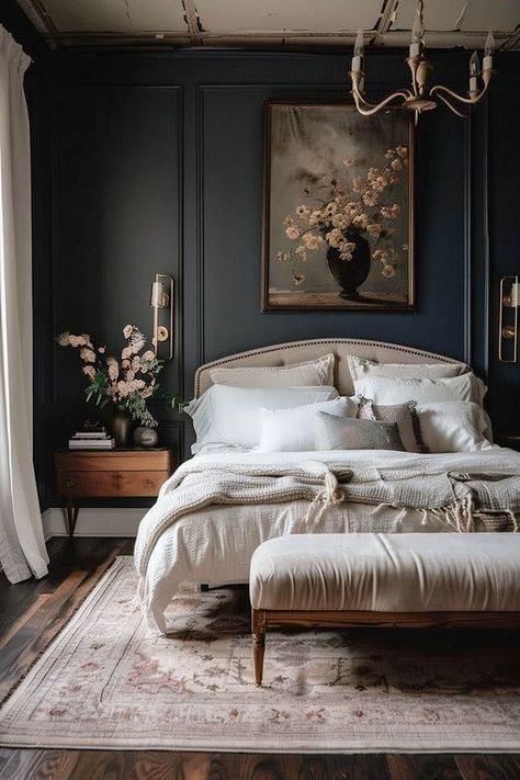 Dark Cozy Master Suite, Modern Victorian Bedding, Antique Bedroom Decor Ideas, Jewel Tone Master Bedrooms Decor, Sultry Bedroom Ideas, Light Moody Bedroom, Black Paint Bedroom, Moody Teen Girl Bedroom, Moody Victorian Bedroom