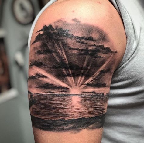 Black And Grey Sunset Tattoo, Lake Related Tattoos, Lake Tattoo Sleeve, Tattoo Ideas Landscape, Sunset And Beach Tattoo, Beach Sunset Tattoo Design, Sunrise Beach Tattoo, Lake Life Tattoo Ideas, Lake Tattoo For Women