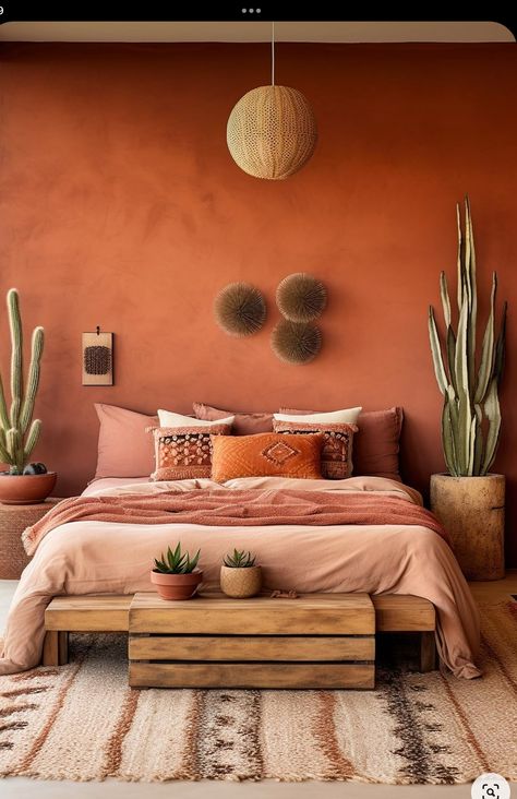 Terracotta Colored Walls, Terracota Room Aesthetic, Terracotta Blush Bedroom, Boho Orange Paint Color, Rust Walls Bedroom, Terracotta Color Bedroom, Bedroom Colour Ideas For Small Rooms, Terra Cotta Color Palette Bedrooms, Terracotta Bedspread