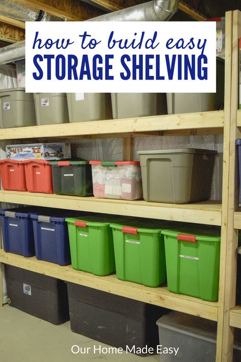 Organize your totes with this DIY storage shelving! And make them for a budget price. Click to see the tutorial for building your own tote shelves! Diy Shed Shelving, Shelf For Storage Bins, Storage Shelf For Totes, Basement Storage Shelving, Laundry Shelves Diy, Storage Container Shelves, 2x4 Storage Shelves, Pallet Shelves Diy Garage Storage, Diy Basement Shelves