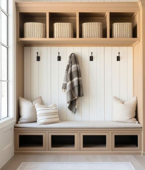 BUILT-IN STORAGE CLOSET CONCEPT. FEELS TO FARMHOUSE BUT CLIENT LIKED IDEA OF MIXED FINISHES, INTEGRATED BENCH AND BASKETS FOR SHOES. Small Mudroom Ideas, Mudroom Remodel, Mudroom Closet, Mud Room Entry, Entryway Closet, Mudroom Lockers, Mudroom Entryway, Mudroom Decor, Mudroom Laundry Room