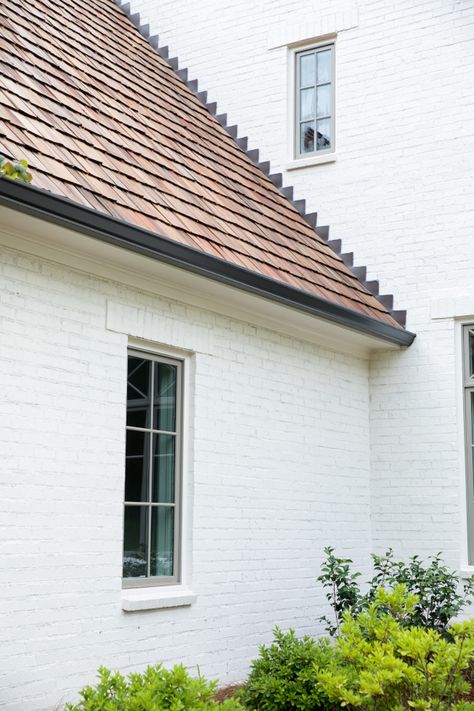 Benjamin Moore Soft Chamois... Modern English Farmhouse Red Shingles House Colors, Mcgee Home Exterior, Modern English Farmhouse, White Brick House, Soft Chamois, The Mcgee Home, Mcgee Home, English Farmhouse, Flat Paint