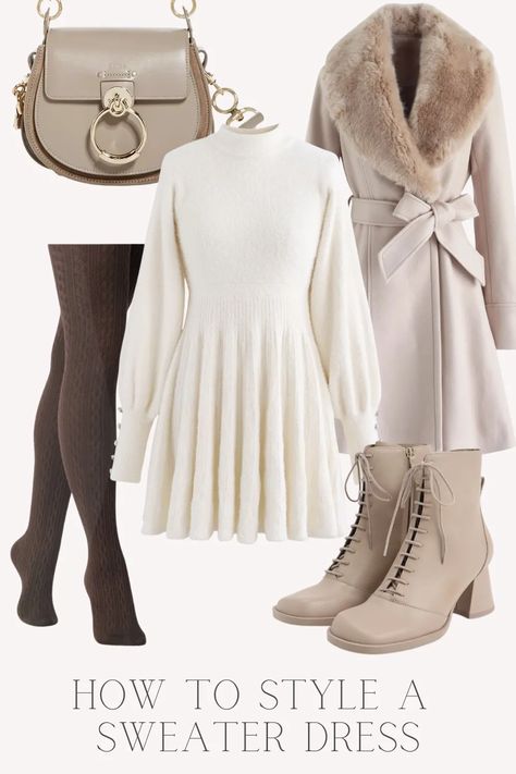 Posh Autumn Outfits, Sweater Dress Casual Outfit, Cream Knit Dress Outfit Winter, White Sweater Dresses, Cream Colored Sweater Dress, Beige Christmas Outfits, Autumn Winter 2024 Fashion Trends Women, Outfits With Cream Sweater, Winter Styling Ideas